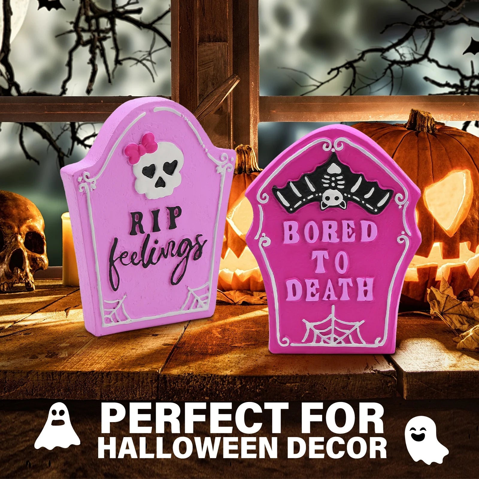 2Pcs Halloween Tombstones Decorations for Pink Halloween Decor, Halloween Decorations Indoor, Halloween Gift