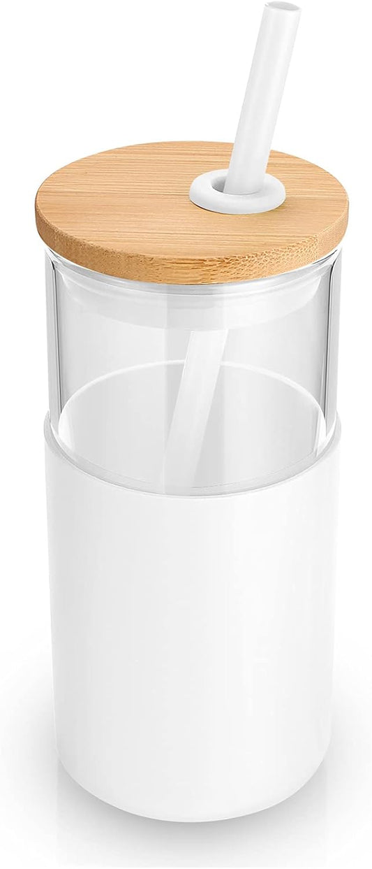 16 Oz Glass Tumbler with Straw and Bamboo Lid, Iced Coffee Cup Reusable, Smoothie Cups, Tumbler with Silicone Protective Sleeve - BPA Free