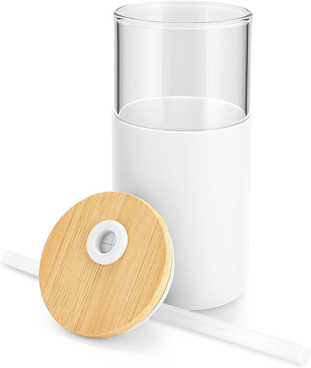 16 Oz Glass Tumbler with Straw and Bamboo Lid, Iced Coffee Cup Reusable, Smoothie Cups, Tumbler with Silicone Protective Sleeve - BPA Free