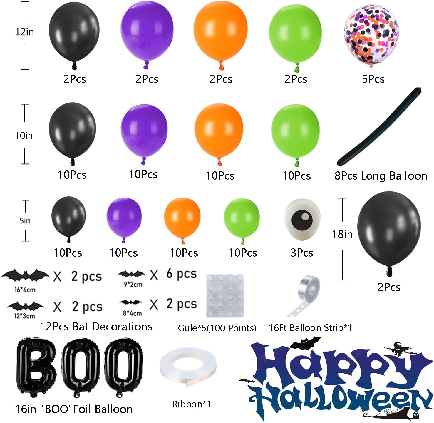 Halloween Balloons Garland Arch Kit with BOO Foil Balloon Spider Balloon Black Orange Purple Fruit Green Confetti Balloons for Halloween Party Decorations