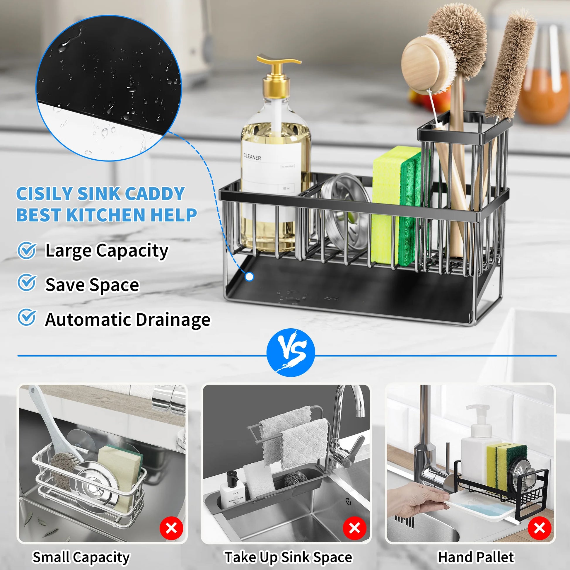Cisily Kitchen Item Sink Caddy Kitchen Organizer, Sponge Holder for Kitchen Sink, Drain on an Incline Kitchen Sink Organizer,Rust-Resistant Metal Black Sink Caddy,Sink Caddy with Brush Holder