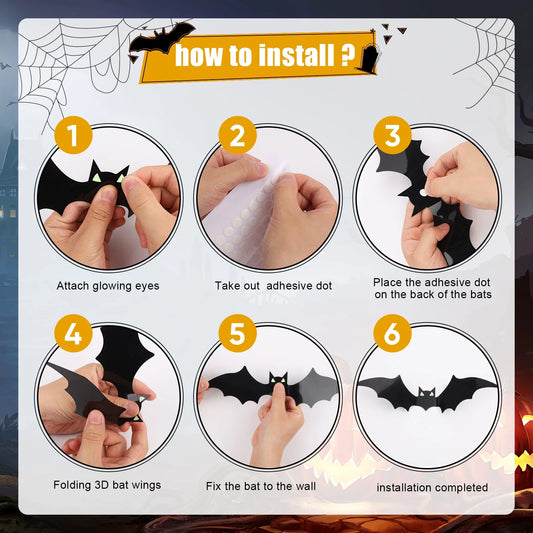 100PCS Halloween 3D Bats with Glow Eyes Wall Decorations 4 Different Sizes Realistic PVC Black Scary Bats Sticker for Home Decor DIY Wall Window Decal Bathroom Indoor Hallowmas Party Supplie