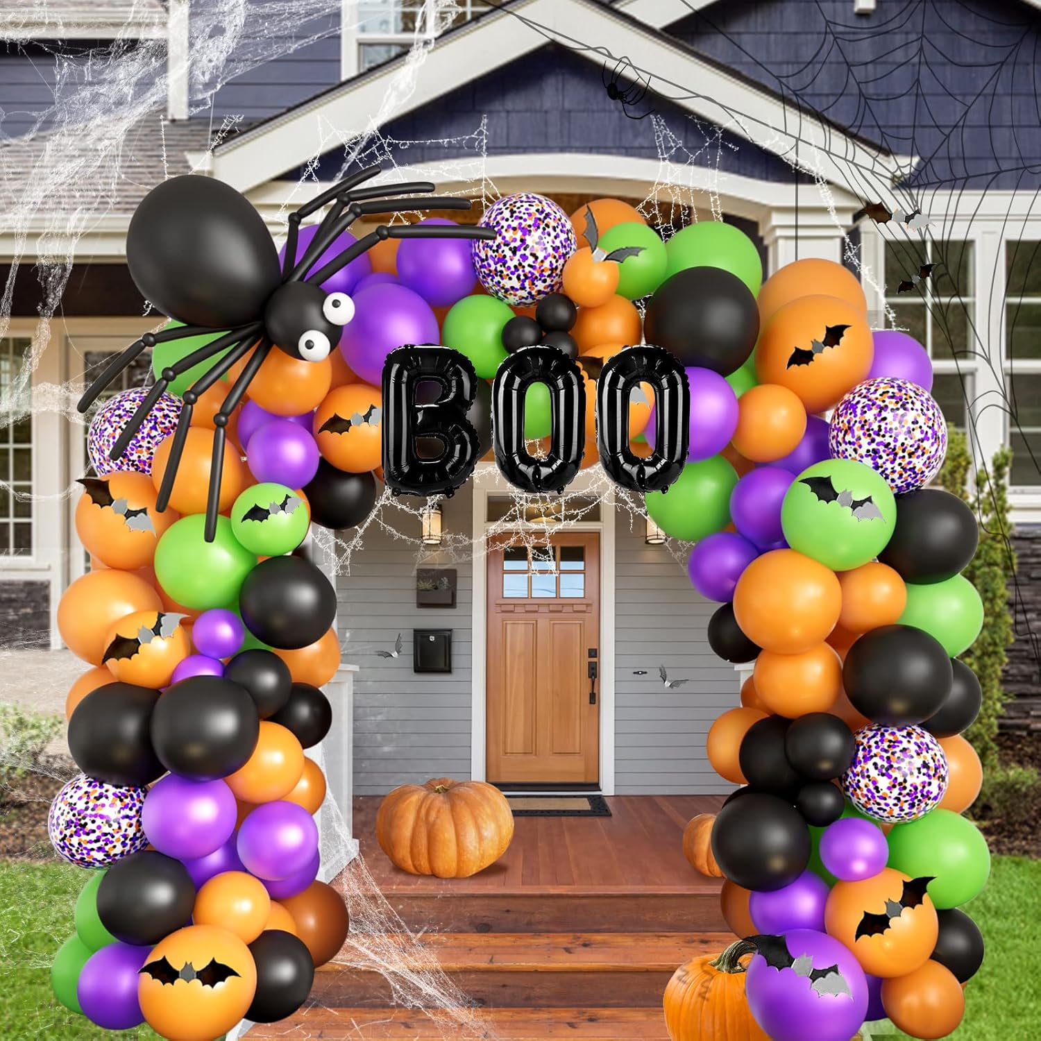 Halloween Balloons Garland Arch Kit with BOO Foil Balloon Spider Balloon Black Orange Purple Fruit Green Confetti Balloons for Halloween Party Decorations