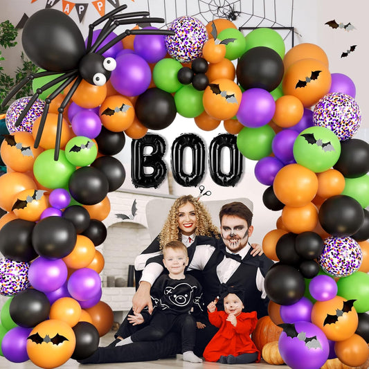Halloween Balloons Garland Arch Kit with BOO Foil Balloon Spider Balloon Black Orange Purple Fruit Green Confetti Balloons for Halloween Party Decorations