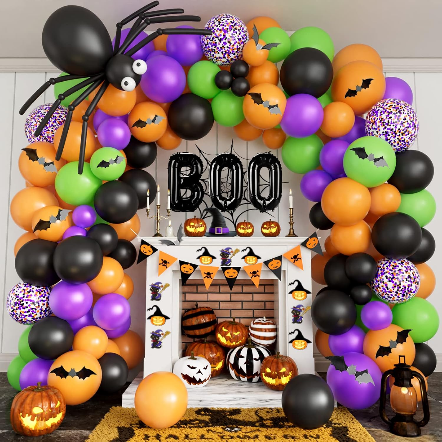 Halloween Balloons Garland Arch Kit with BOO Foil Balloon Spider Balloon Black Orange Purple Fruit Green Confetti Balloons for Halloween Party Decorations