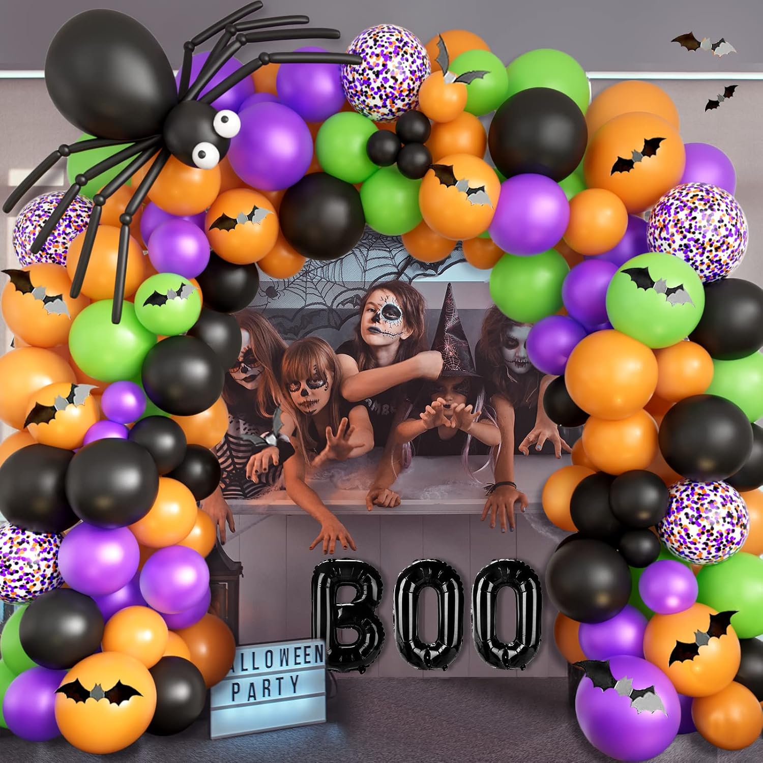 Halloween Balloons Garland Arch Kit with BOO Foil Balloon Spider Balloon Black Orange Purple Fruit Green Confetti Balloons for Halloween Party Decorations