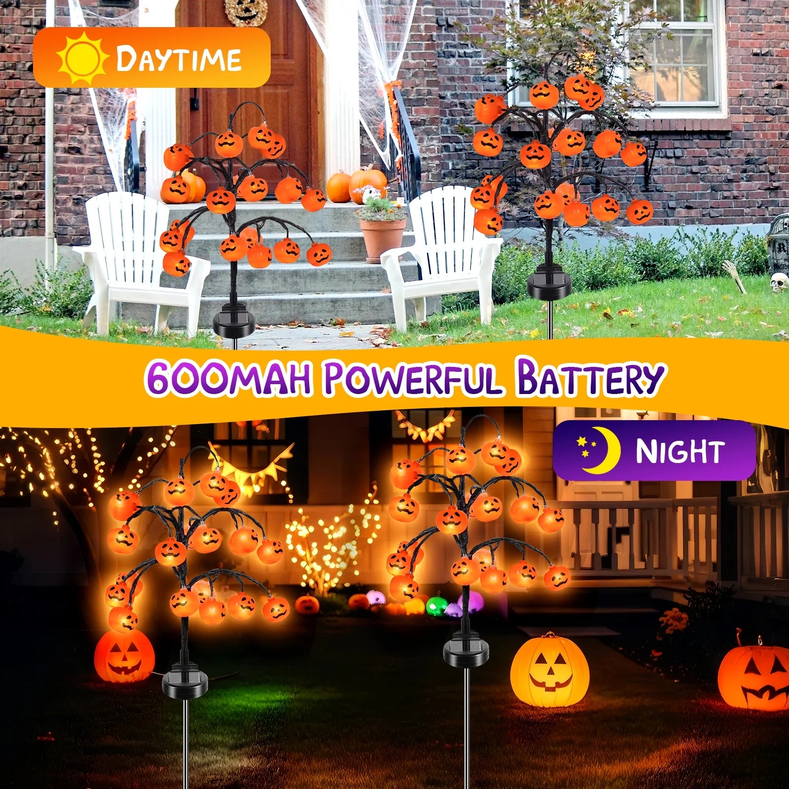 2 Pack Halloween Lights, 2 Modes Halloween Solar Pumpkin Lights Outdoor Waterproof Halloween Garden Lights for Garden Lawn Halloween Party Decor