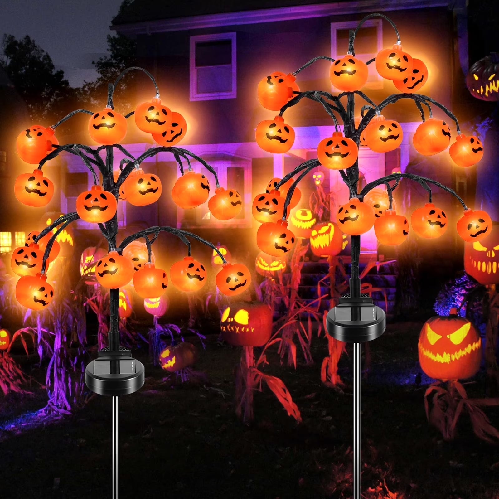 2 Pack Halloween Lights, 2 Modes Halloween Solar Pumpkin Lights Outdoor Waterproof Halloween Garden Lights for Garden Lawn Halloween Party Decor