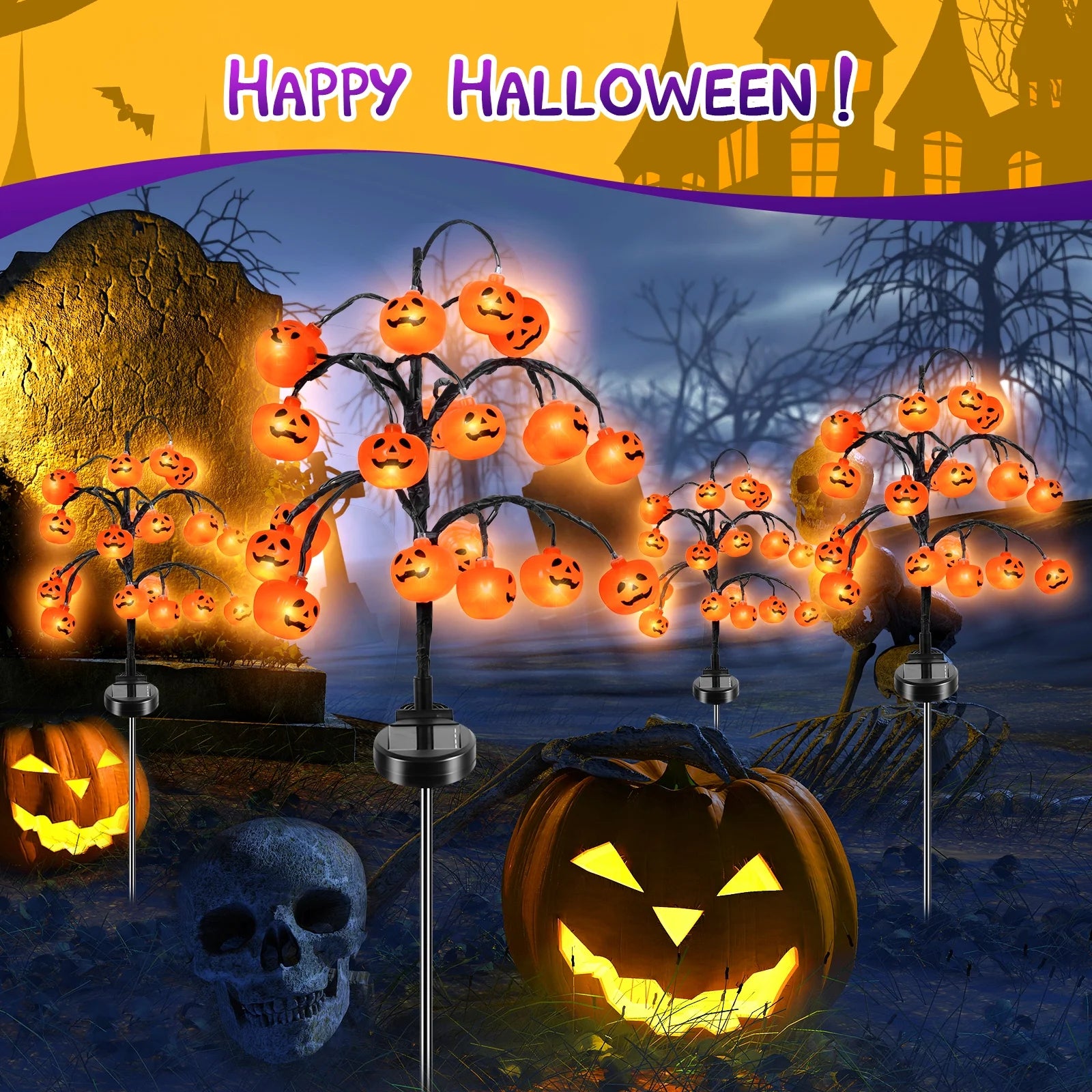 2 Pack Halloween Lights, 2 Modes Halloween Solar Pumpkin Lights Outdoor Waterproof Halloween Garden Lights for Garden Lawn Halloween Party Decor