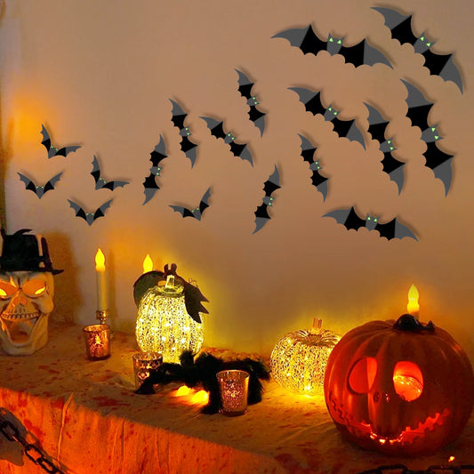 100PCS Halloween 3D Bats with Glow Eyes Wall Decorations 4 Different Sizes Realistic PVC Black Scary Bats Sticker for Home Decor DIY Wall Window Decal Bathroom Indoor Hallowmas Party Supplie