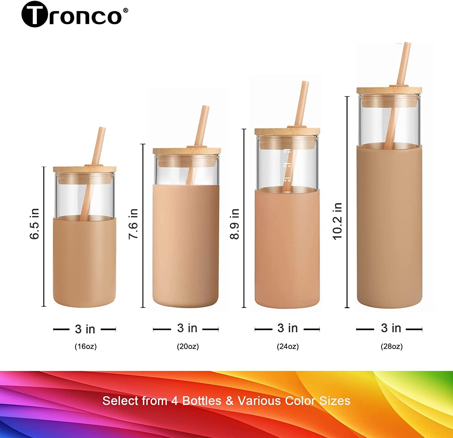 16 Oz Glass Tumbler with Straw and Bamboo Lid, Iced Coffee Cup Reusable, Smoothie Cups, Tumbler with Silicone Protective Sleeve - BPA Free