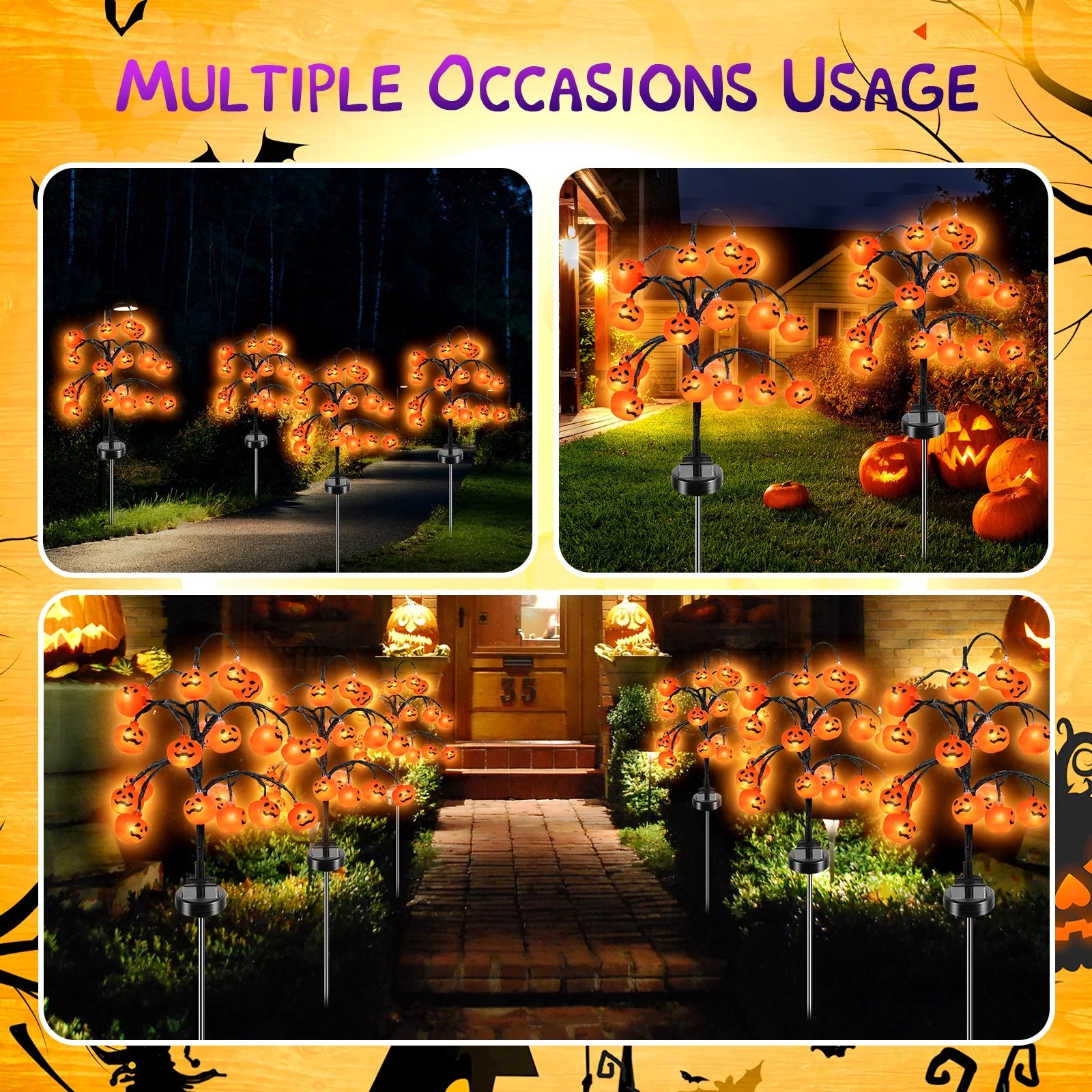 2 Pack Halloween Lights, 2 Modes Halloween Solar Pumpkin Lights Outdoor Waterproof Halloween Garden Lights for Garden Lawn Halloween Party Decor