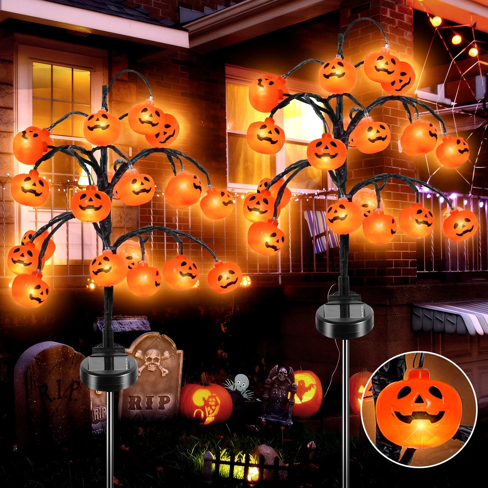 2 Pack Halloween Lights, 2 Modes Halloween Solar Pumpkin Lights Outdoor Waterproof Halloween Garden Lights for Garden Lawn Halloween Party Decor