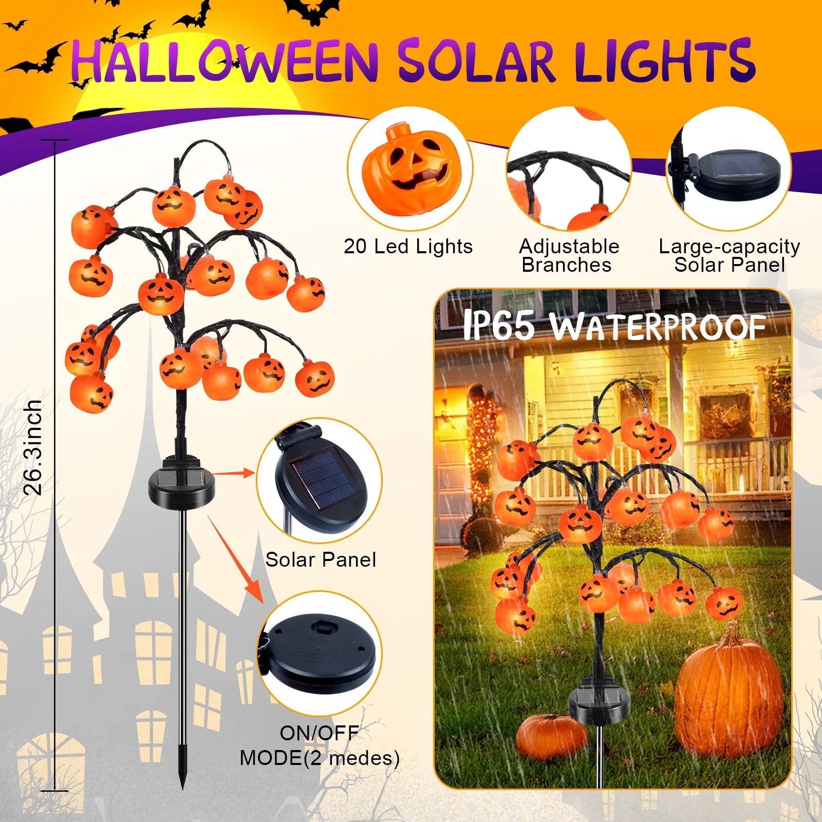 2 Pack Halloween Lights, 2 Modes Halloween Solar Pumpkin Lights Outdoor Waterproof Halloween Garden Lights for Garden Lawn Halloween Party Decor