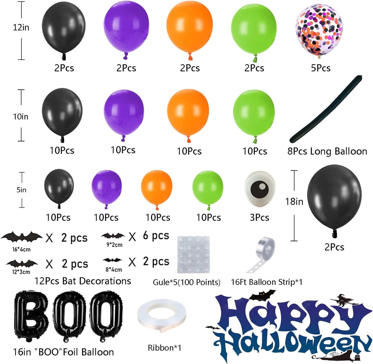Halloween Balloons Garland Arch Kit with BOO Foil Balloon Spider Balloon Black Orange Purple Fruit Green Confetti Balloons for Halloween Party Decorations